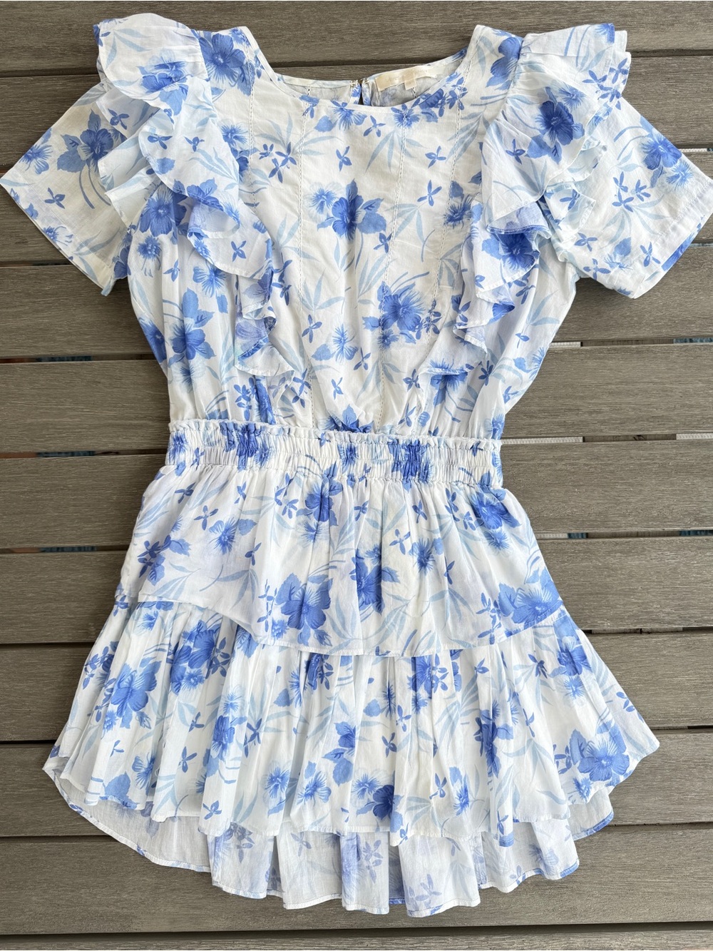 LoveShackFancy Blue White Floral Natasha Ruffle Smocked Mini Dress S